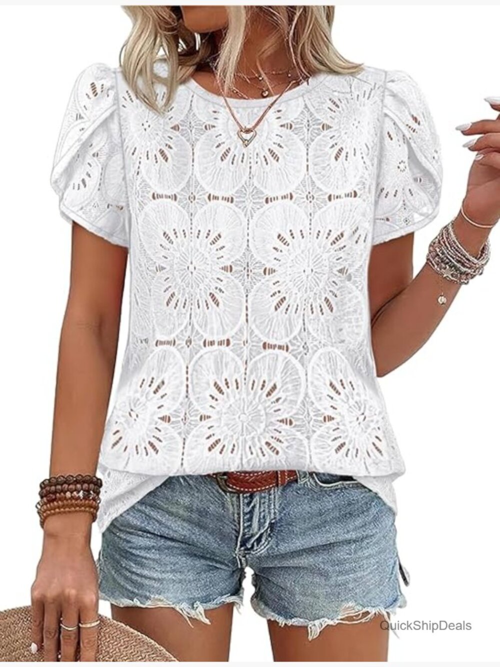 Crochet Lace Blouse Petal Short Sleeve Boho Top Loose Fit